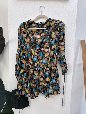 Ted Baker Multicolor Floral Drop Waist  Mini Tunic Dress Long Sleeve Sheer